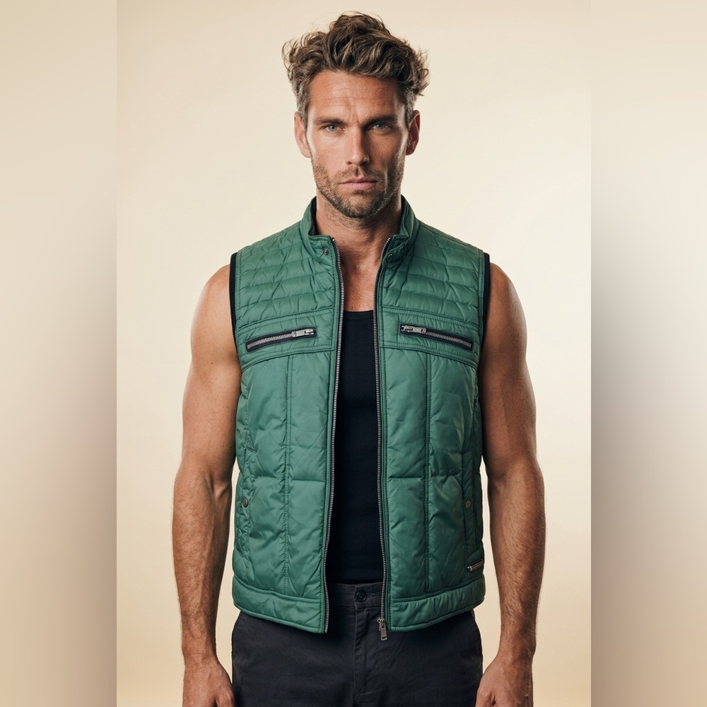 🧊 GUESS Men’s‎ Green Puffer Vest 🖤 Moto Streetwear Banger | Size M